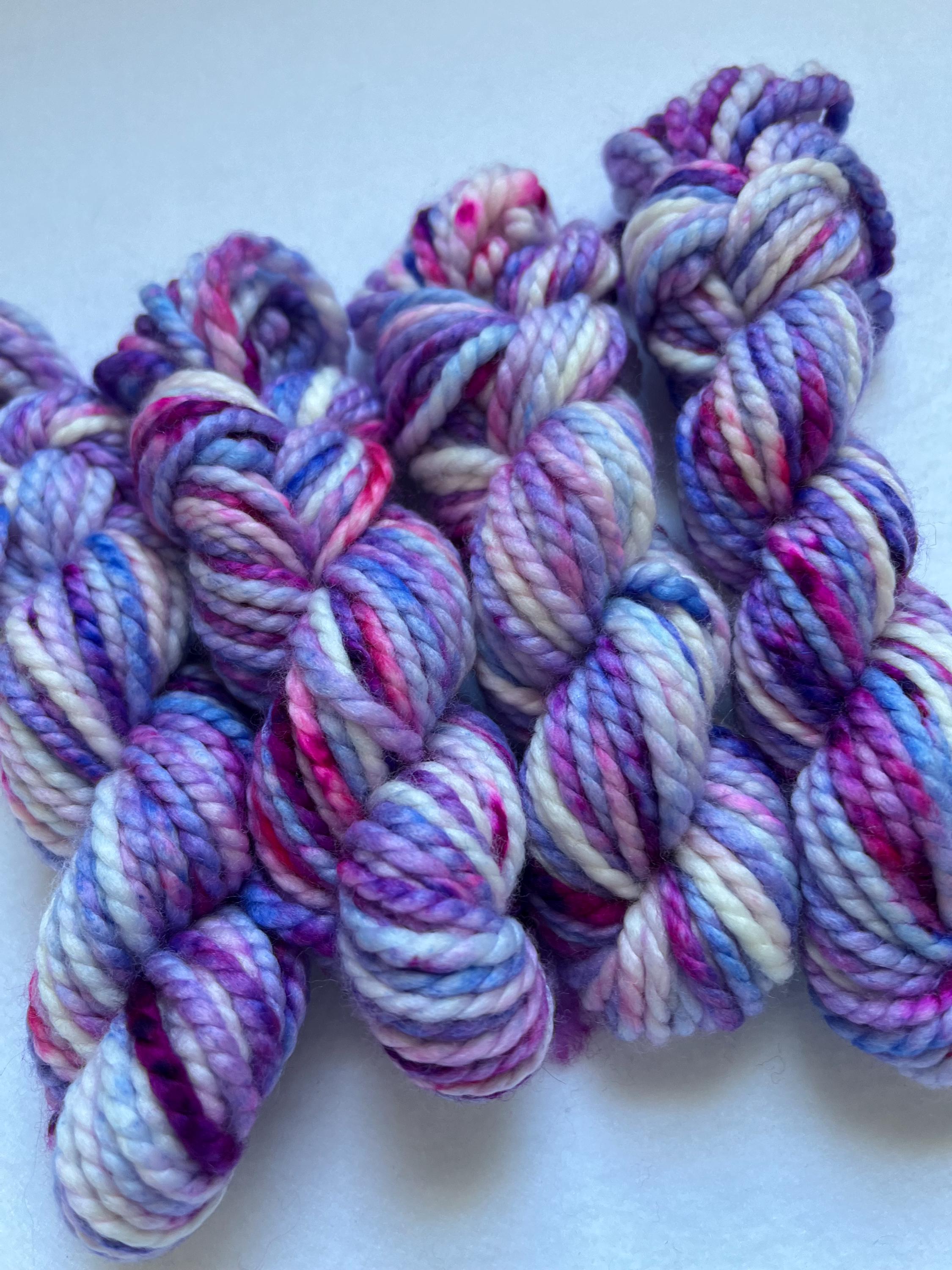 Hand-Dyed Bulky Mini Skein | 100% Merino Wool | Unicorn | Purple Pink Blue Speckled | 20g 21 yards