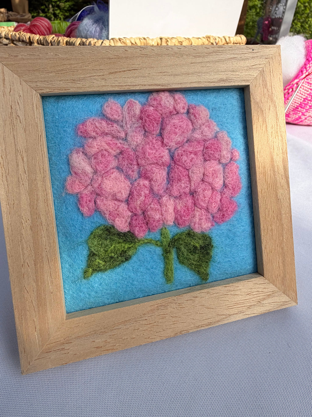 Framed Needle Felted Wall Art | Pink Hydrangea | Small Wool Painting | Handmade Fiber Art Decor