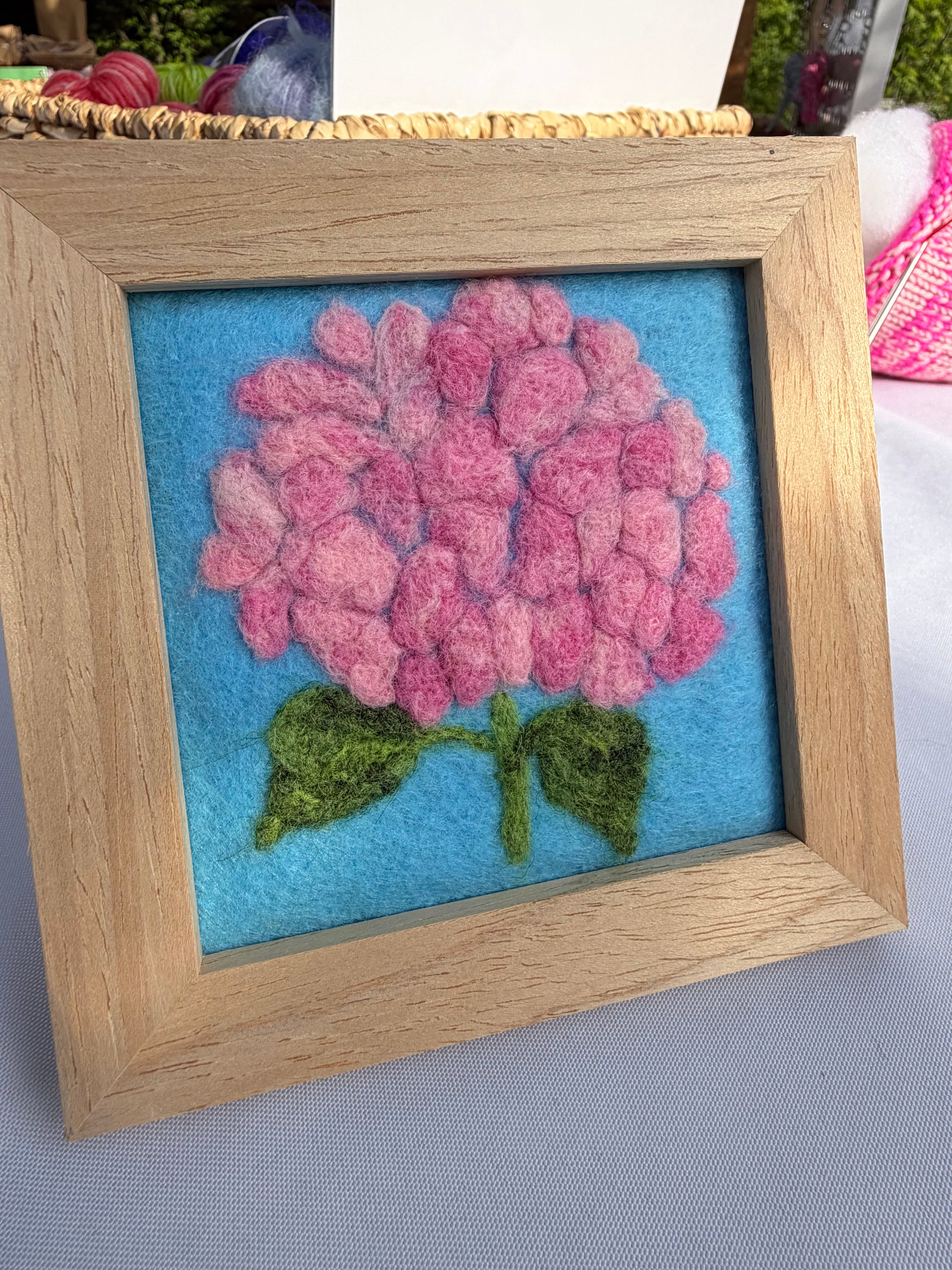 Framed Needle Felted Wall Art | Pink Hydrangea | Small Wool Painting | Handmade Fiber Art Decor