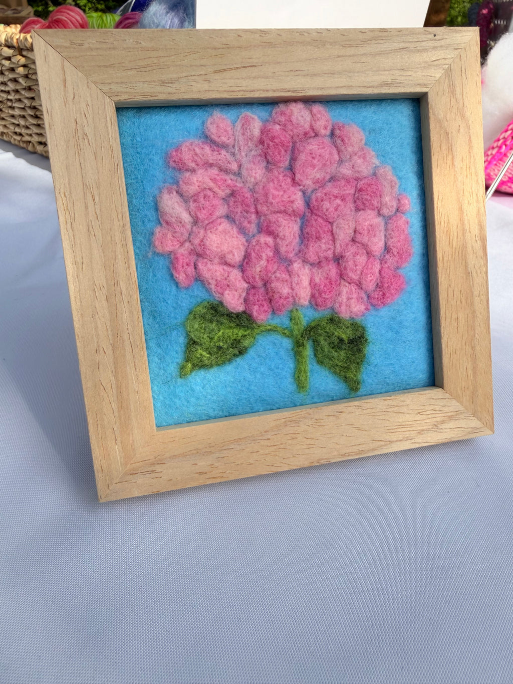 Framed Needle Felted Wall Art | Pink Hydrangea | Small Wool Painting | Handmade Fiber Art Decor