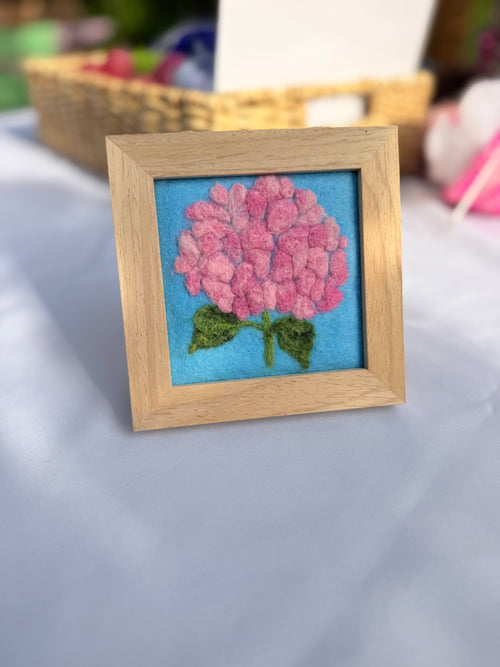 Framed Needle Felted Wall Art | Pink Hydrangea | Small Wool Painting | Handmade Fiber Art Decor
